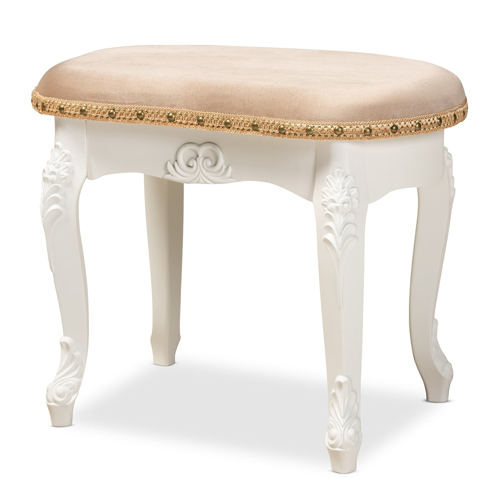 Baxton Studio Gabrielle Traditional French Country Provincial Sand Velvet Fabric Upholstered Finished Wood Vanity Ottoman