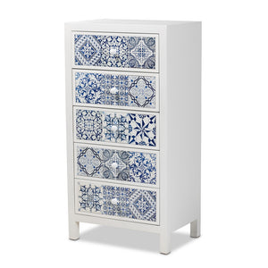 Baxton Studio Alma Spanish Mediterranean Inspired White Wood And Blue Floral Tile Style 5-Drawer Accent Storage Cabinet