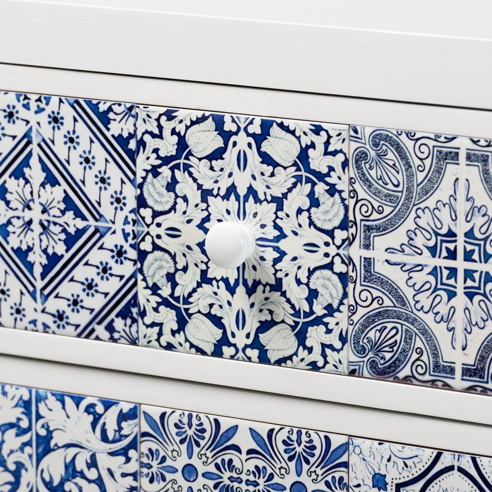 BAXTON STUDIO ALMA SPANISH MEDITERRANEAN INSPIRED WHITE WOOD AND BLUE FLORAL TILE STYLE 5-DRAWER ACCENT STORAGE CABINET