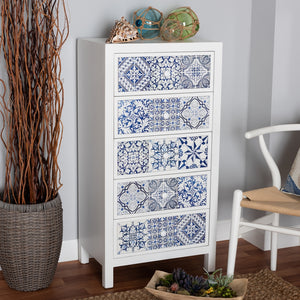 Baxton Studio Alma Spanish Mediterranean Inspired White Wood And Blue Floral Tile Style 5-Drawer Accent Storage Cabinet