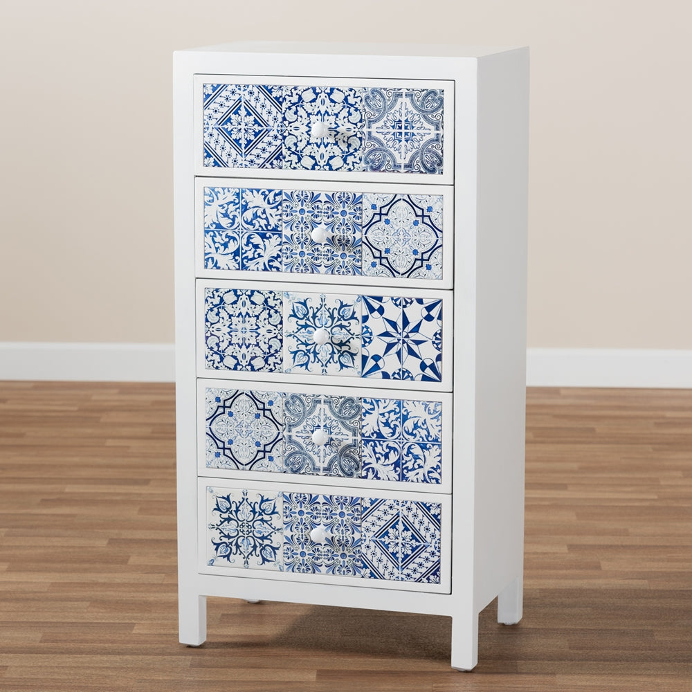 Baxton Studio Alma Spanish Mediterranean Inspired White Wood And Blue Floral Tile Style 5-Drawer Accent Storage Cabinet