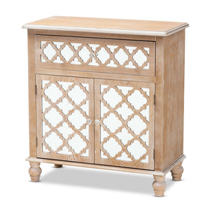 Baxton Studio Leah Glam Farmhouse Rustic Finished Wood and Mirrored 1-Drawer Quatrefoil Storage Cabinet