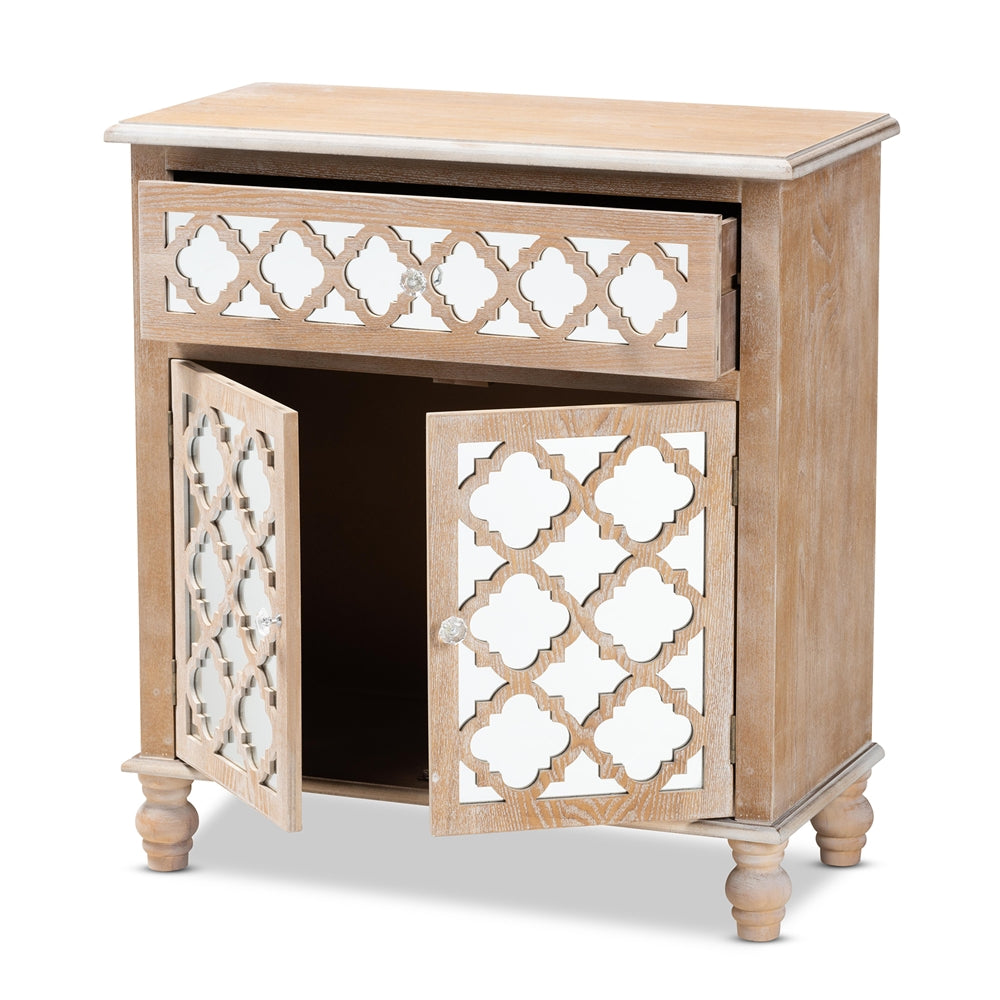 Baxton Studio Leah Glam Farmhouse Rustic Oak Brown Finished Wood And Mirrored 1-Drawer Quatrefoil Storage Cabinet