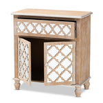 Load image into Gallery viewer, Baxton Studio Leah Glam Farmhouse Rustic Oak Brown Finished Wood And Mirrored 1-Drawer Quatrefoil Storage Cabinet
