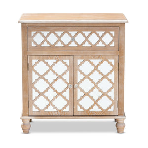 Baxton Studio Leah Glam Farmhouse Rustic Oak Brown Finished Wood And Mirrored 1-Drawer Quatrefoil Storage Cabinet