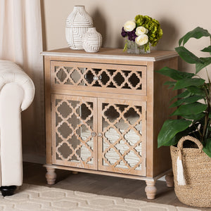 Baxton Studio Leah Glam Farmhouse Rustic Oak Brown Finished Wood And Mirrored 1-Drawer Quatrefoil Storage Cabinet