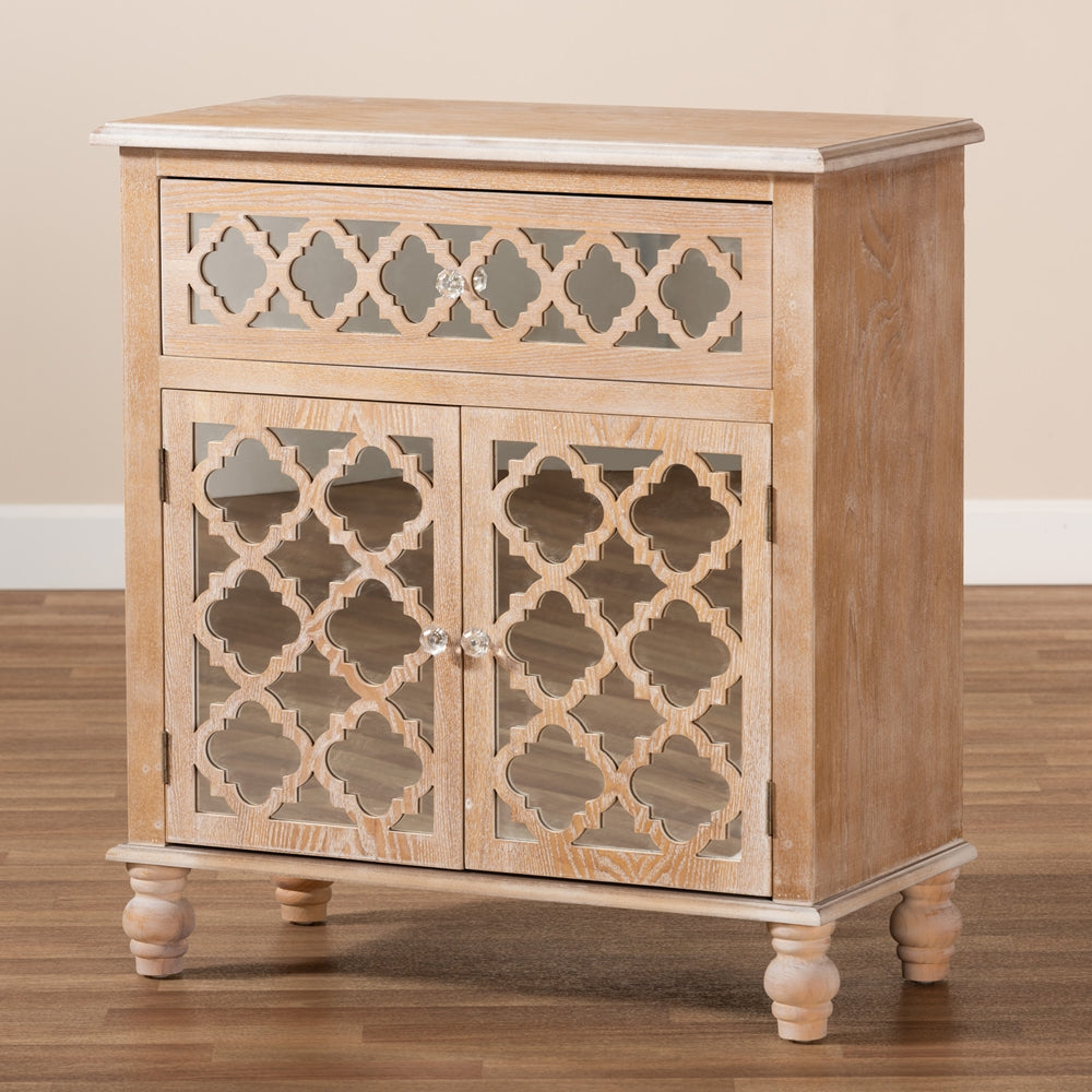 Baxton Studio Leah Glam Farmhouse Rustic Oak Brown Finished Wood And Mirrored 1-Drawer Quatrefoil Storage Cabinet