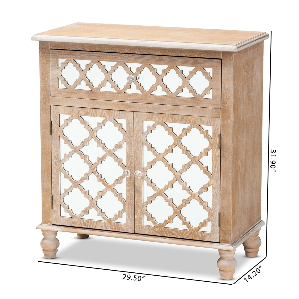 Baxton Studio Leah Glam Farmhouse Rustic Oak Brown Finished Wood And Mirrored 1-Drawer Quatrefoil Storage Cabinet