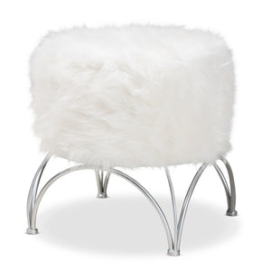 Baxton Studio Celia Modern and Contemporary Faux Fur Upholstered Silver Metal Ottoman