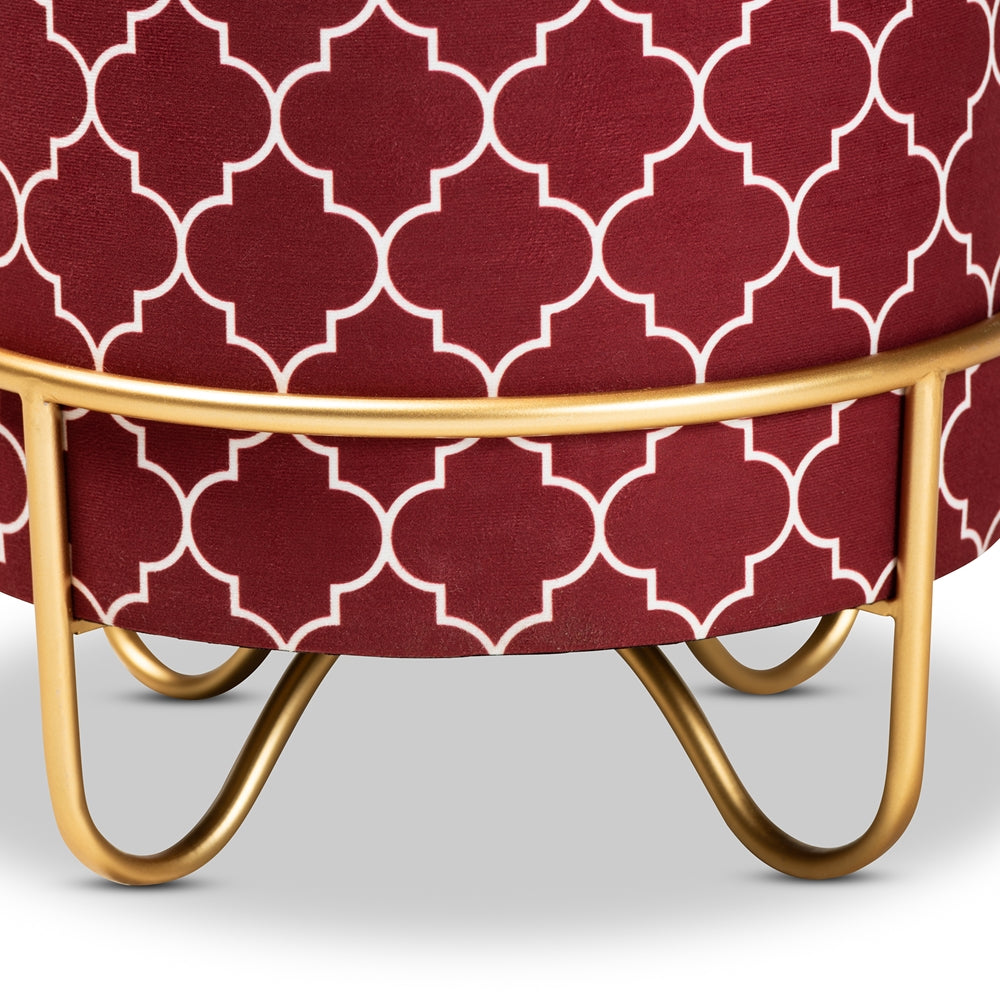 BAXTON STUDIO CANDICE GLAM AND LUXE RED QUATREFOIL VELVET FABRIC UPHOLSTERED GOLD FINISHED METAL OTTOMAN