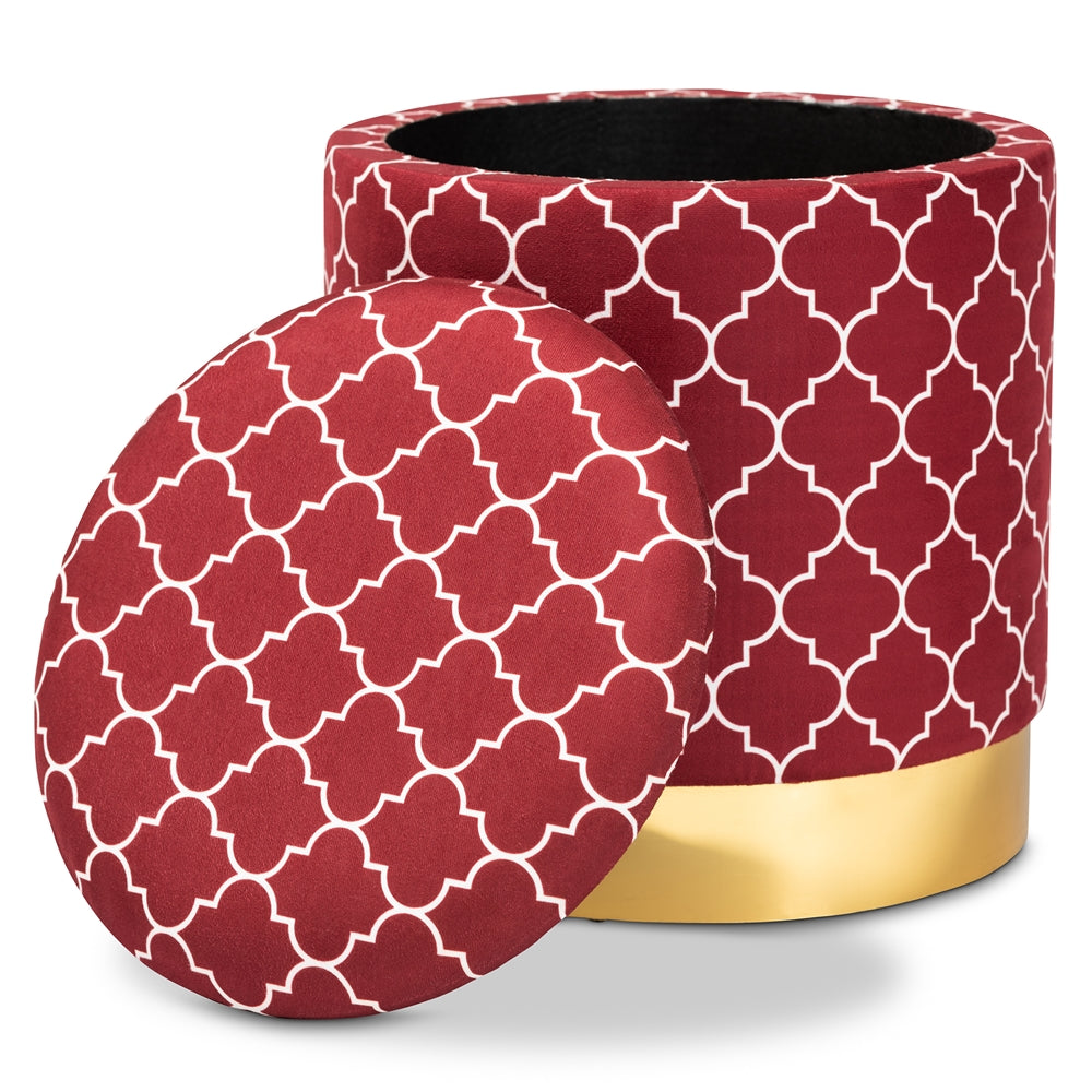 Baxton Studio Serra Glam and Luxe Quatrefoil Velvet Fabric Upholstered Gold Finished Metal Storage Ottoman