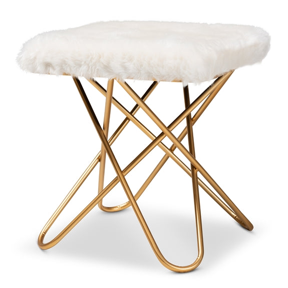 Baxton Studio Valle Glam and Luxe Faux Fur Upholstered Gold Finished Metal Ottoman