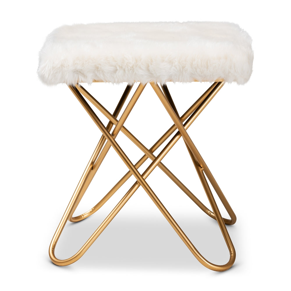 Baxton Studio Valle Glam And Luxe White Faux Fur Upholstered Gold Finished Metal Ottoman