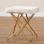 Load image into Gallery viewer, Baxton Studio Valle Glam And Luxe White Faux Fur Upholstered Gold Finished Metal Ottoman
