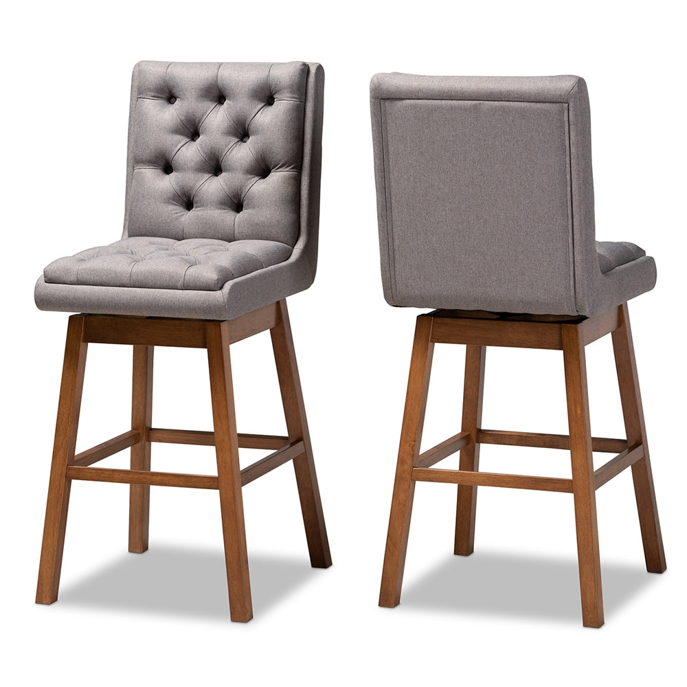 Baxton Studio Gregory Modern Transitional Grey Fabric Upholstered And Walnut Brown Finished Wood 2-Piece Swivel Bar Stool Set