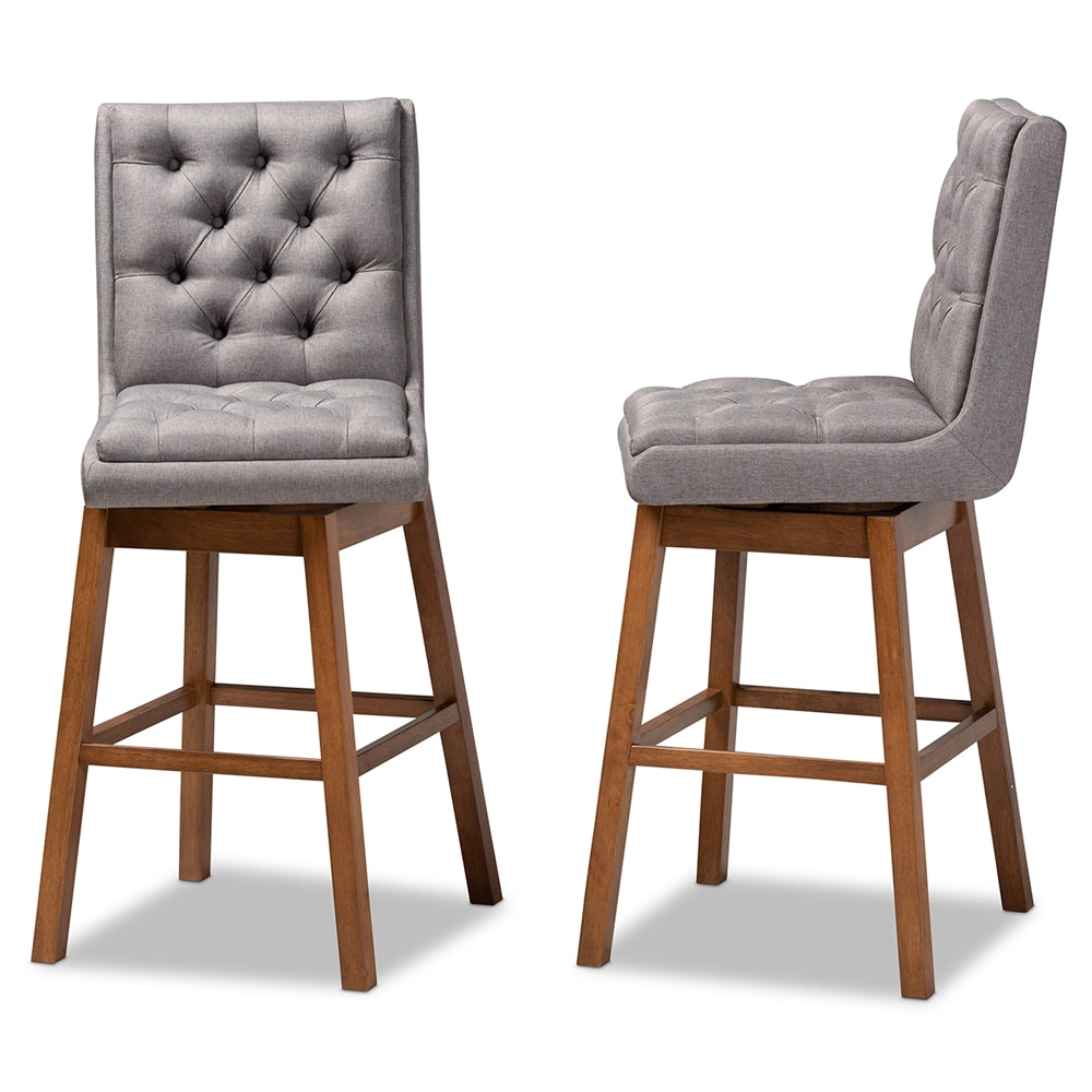 Baxton Studio Gregory Modern Transitional Grey Fabric Upholstered And Walnut Brown Finished Wood 2-Piece Swivel Bar Stool Set