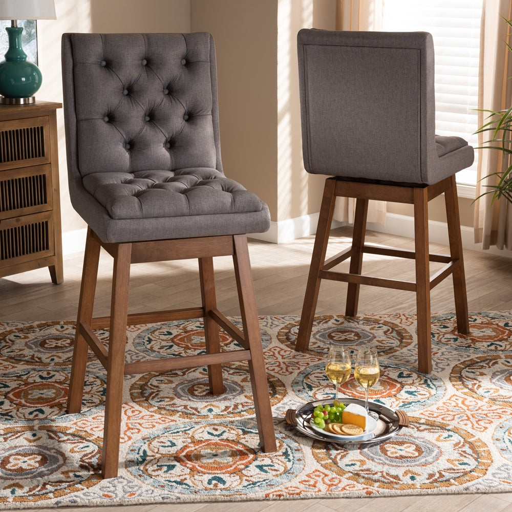 Baxton Studio Gregory Modern Transitional Grey Fabric Upholstered And Walnut Brown Finished Wood 2-Piece Swivel Bar Stool Set