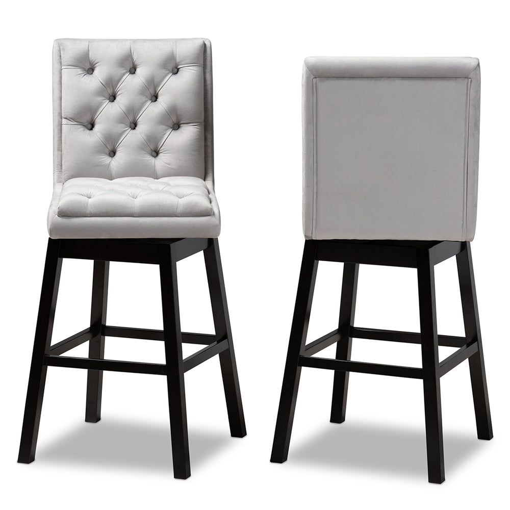 Baxton Studio Gregory Modern Transitional Light Grey Velvet Fabric Upholstered And Dark Brown Finished Wood 2-Piece Swivel Bar Stool Set