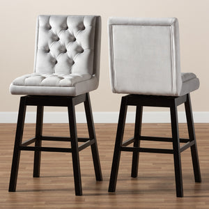 Baxton Studio Gregory Modern Transitional Light Grey Velvet Fabric Upholstered And Dark Brown Finished Wood 2-Piece Swivel Bar Stool Set