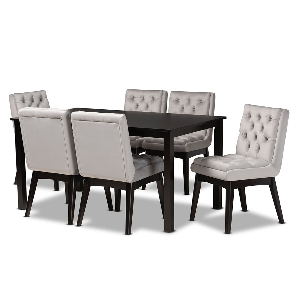 Baxton Studio Makar Modern Transitional Light Grey Velvet Fabric Upholstered And Dark Brown Finished Wood 7-Piece Dining Set