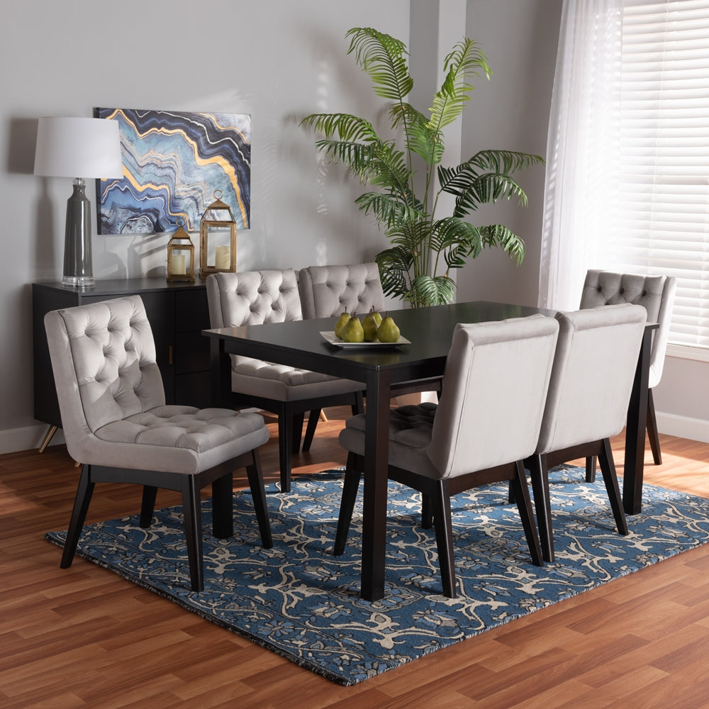 Baxton Studio Makar Modern Transitional Light Grey Velvet Fabric Upholstered And Dark Brown Finished Wood 7-Piece Dining Set