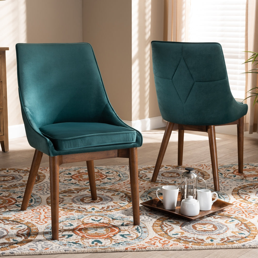 Baxton Studio Gilmore Modern And Contemporary Teal Velvet Fabric Upholstered And Walnut Brown Finished Wood 2-Piece Dining Chair Set