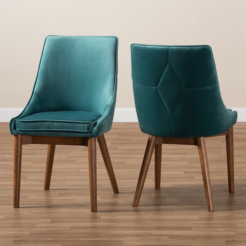 Baxton Studio Gilmore Modern And Contemporary Teal Velvet Fabric Upholstered And Walnut Brown Finished Wood 2-Piece Dining Chair Set