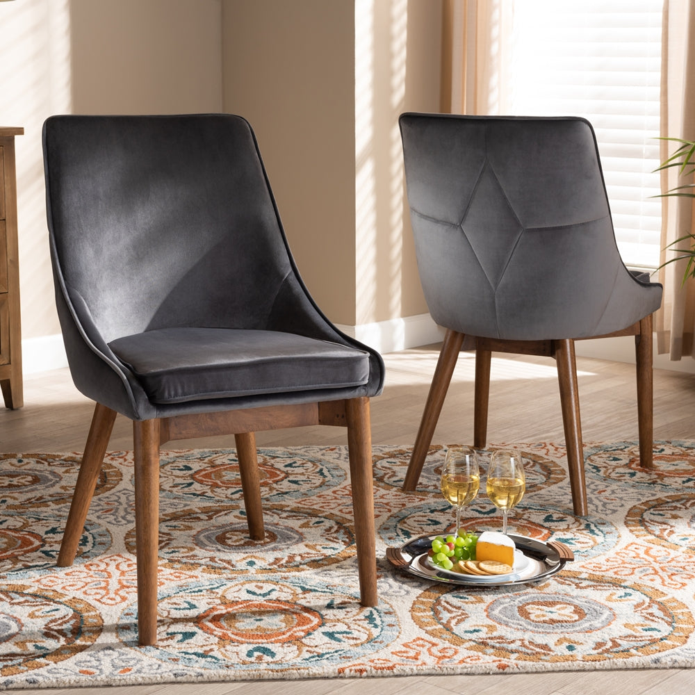 Baxton Studio Gilmore Modern And Contemporary Grey Velvet Fabric Upholstered And Walnut Brown Finished Wood 2-Piece Dining Chair Set