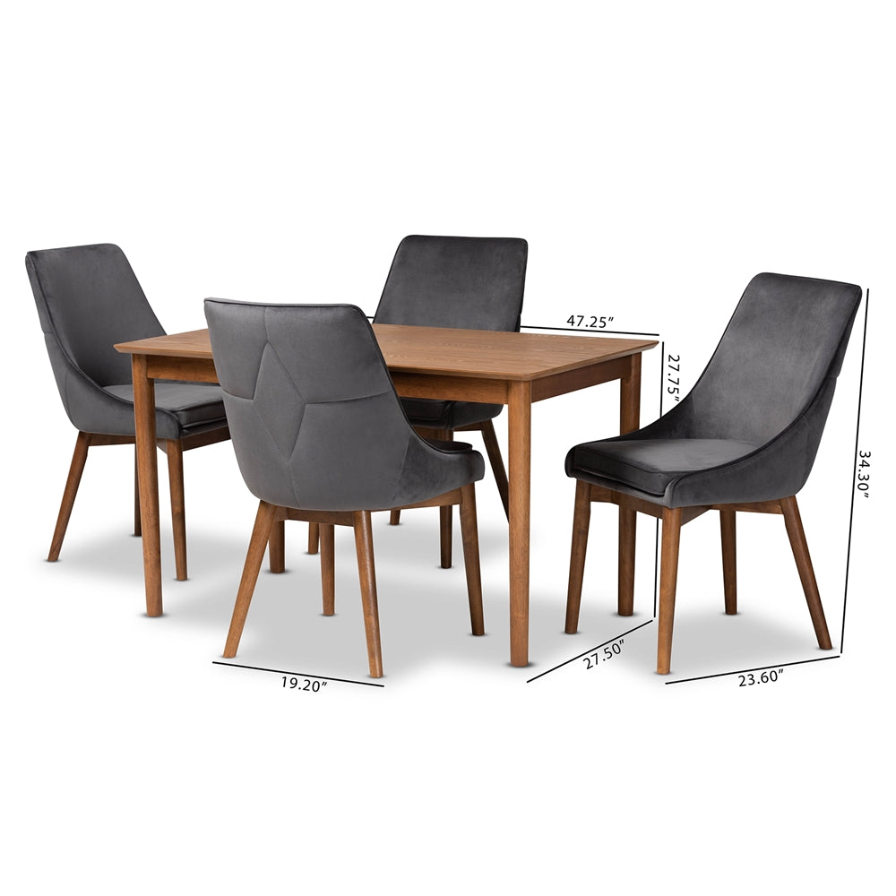 Baxton Studio Gilmore Modern And Contemporary Grey Velvet Fabric Upholstered And Walnut Brown Finished Wood 5-Piece Dining Set