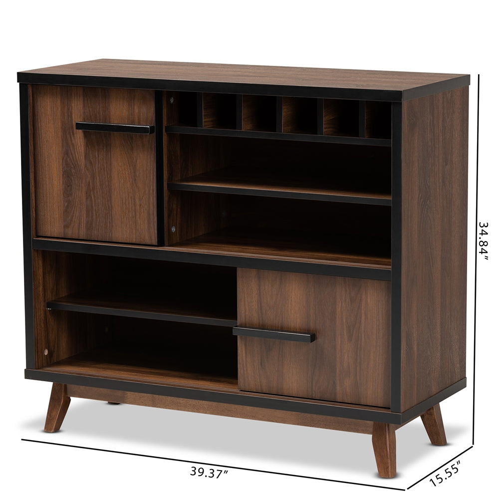 Baxton Studio Margo Mid-Century Modern Two-Tone Walnut Brown And Black Finished Wood Wine Storage Cabinet