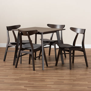 Baxton Studio Britte Mid-Century Modern Dark Grey Fabric Upholstered Dark Oak Brown Finished 5-Piece Wood Dining Set