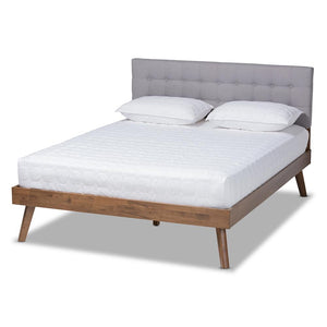 Baxton Studio Devan Mid-Century Modern Fabric Upholstered Walnut Brown Finished Wood Platform Bed