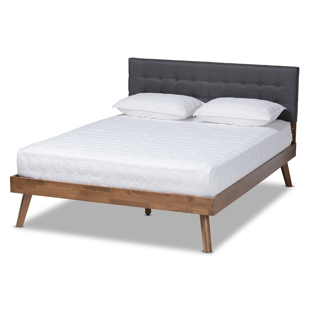 Baxton Studio Devan Mid-Century Modern Fabric Upholstered Walnut Brown Finished Wood Platform Bed