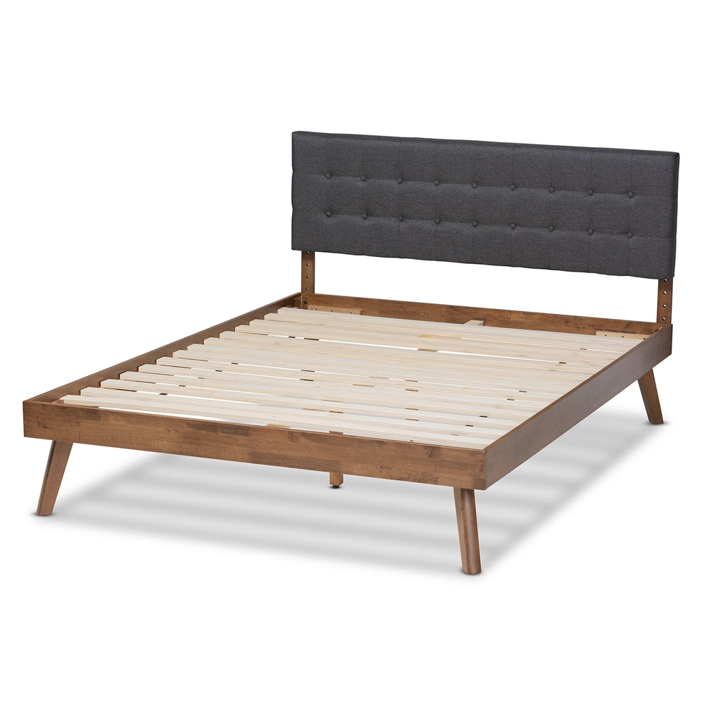 Baxton Studio Devan Mid-Century Modern Fabric Upholstered Walnut Brown Finished Wood Platform Bed