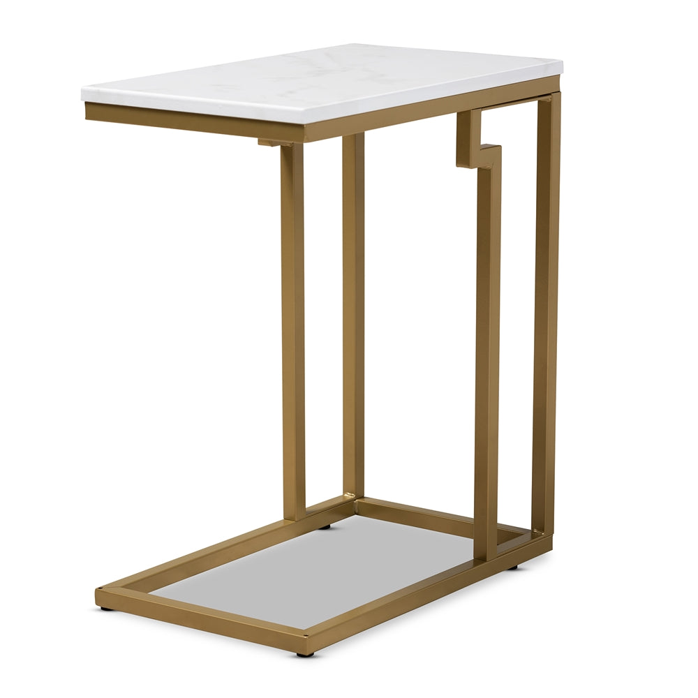 Baxton Studio Renzo Modern and Contemporary Brushed Finished Metal End Table with Faux Marble Tabletop