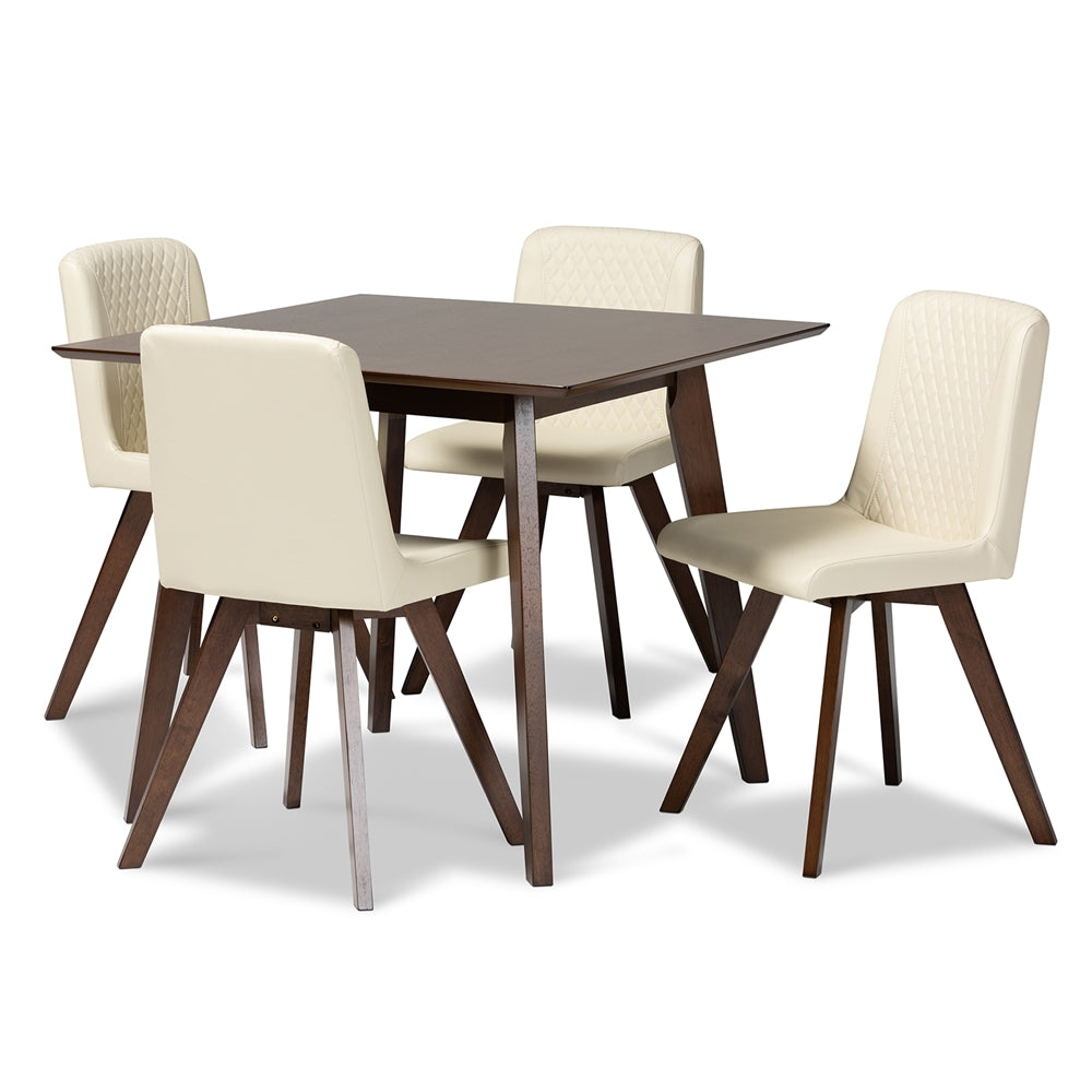 Baxton Studio Pernille Modern Transitional Cream Faux Leather Upholstered Walnut Finished Wood 5-Piece Dining Set