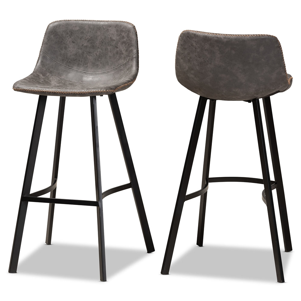 Baxton Studio Tani Rustic Industrial Grey And Brown Faux Leather Upholstered Black Finished 2-Piece Metal Bar Stool Set