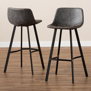 Baxton Studio Tani Rustic Industrial Grey And Brown Faux Leather Upholstered Black Finished 2-Piece Metal Bar Stool Set