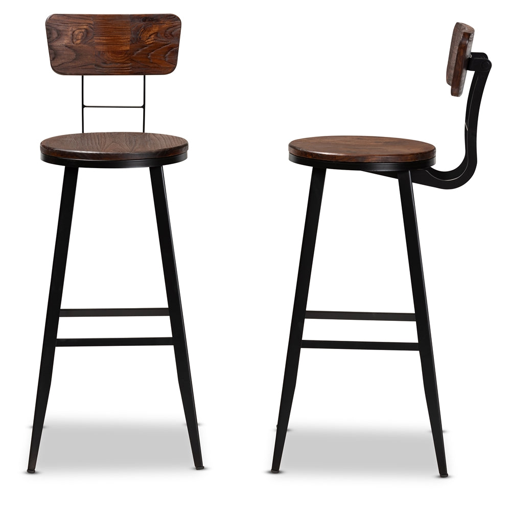 Baxton Studio Kenna Vintage Rustic Industrial Wood And Black Metal Finished 2-Piece Metal Bar Stool Set