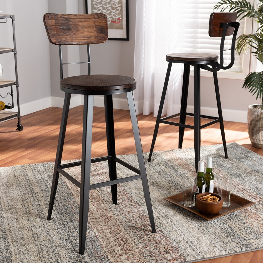 Baxton Studio Kenna Vintage Rustic Industrial Wood And Black Metal Finished 2-Piece Metal Bar Stool Set