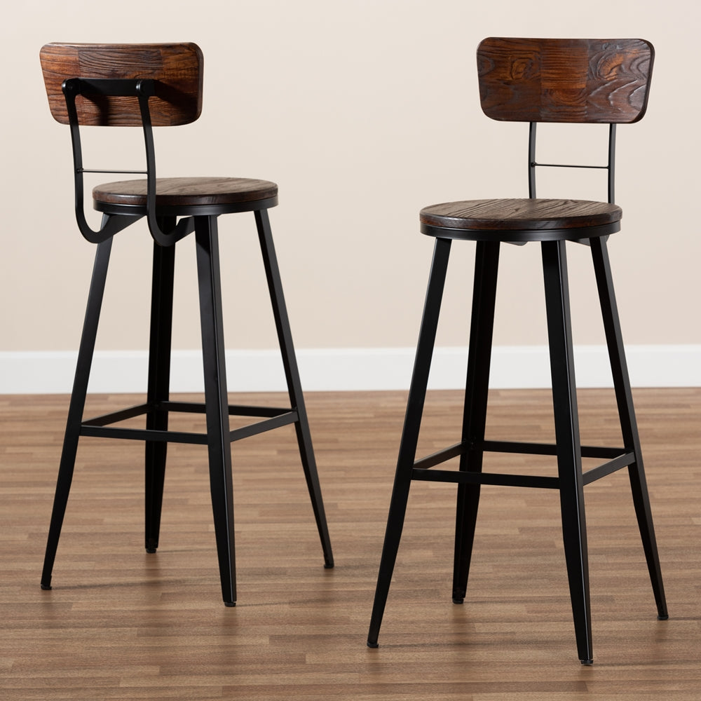 Baxton Studio Kenna Vintage Rustic Industrial Wood And Black Metal Finished 2-Piece Metal Bar Stool Set