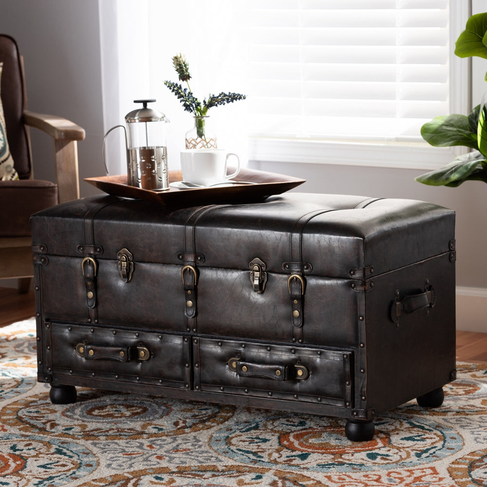 BAXTON STUDIO CALLUM MODERN TRANSITIONAL DISTRESSED DARK BROWN FAUX LEATHER UPHOLSTERED 2-DRAWER STORAGE TRUNK OTTOMAN