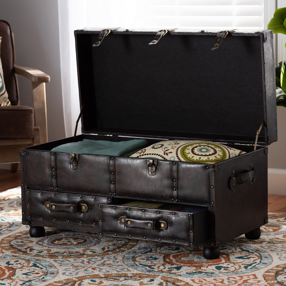 Baxton Studio Callum Modern Transitional Distressed Dark Brown Faux Leather Upholstered 2-Drawer Storage Trunk Ottoman