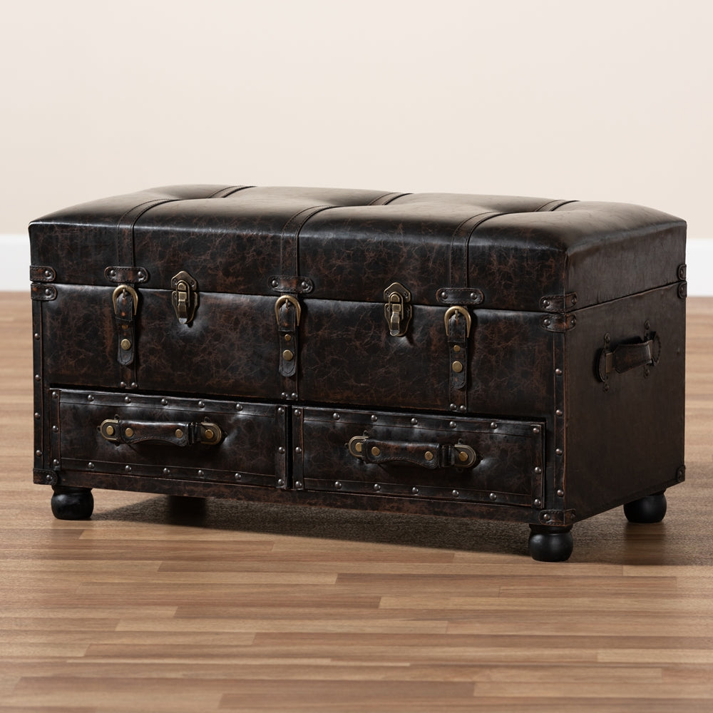 Baxton Studio Callum Modern Transitional Distressed Dark Brown Faux Leather Upholstered 2-Drawer Storage Trunk Ottoman