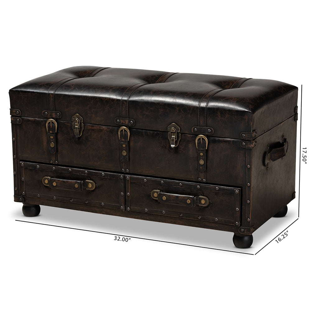 Baxton Studio Callum Modern Transitional Distressed Dark Brown Faux Leather Upholstered 2-Drawer Storage Trunk Ottoman