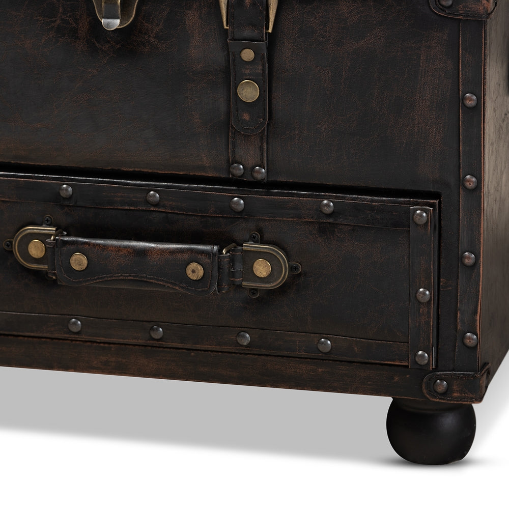 Baxton Studio Callum Modern Transitional Distressed Dark Brown Faux Leather Upholstered 2-Drawer Storage Trunk Ottoman