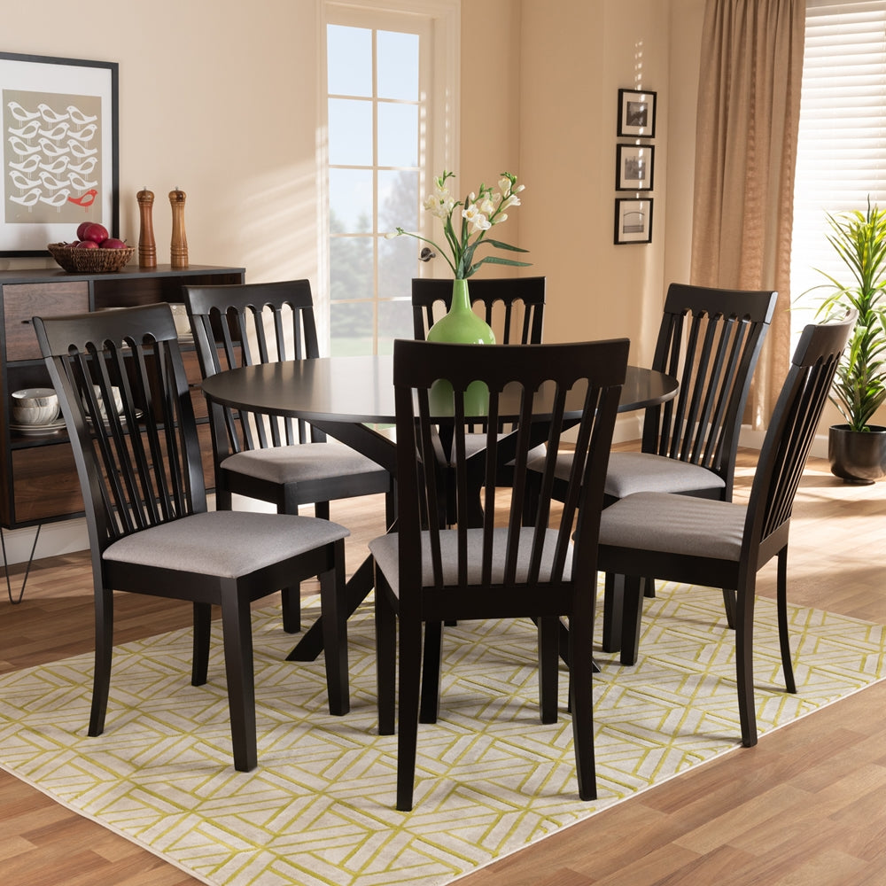 Baxton Studio Lore Modern And Contemporary Grey Fabric Upholstered And Dark Brown Finished Wood 7-Piece Dining Set