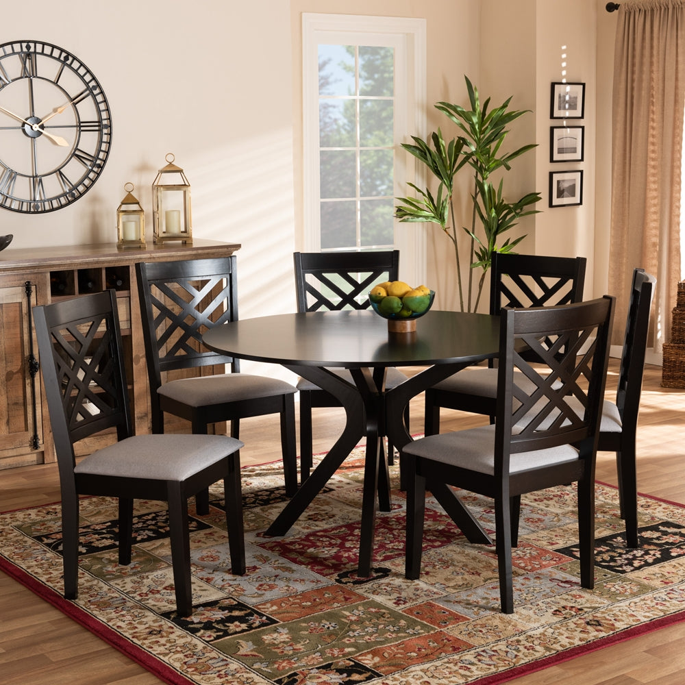 Baxton Studio Norah Modern And Contemporary Grey Fabric Upholstered And Dark Brown Finished Wood 7-Piece Dining Set