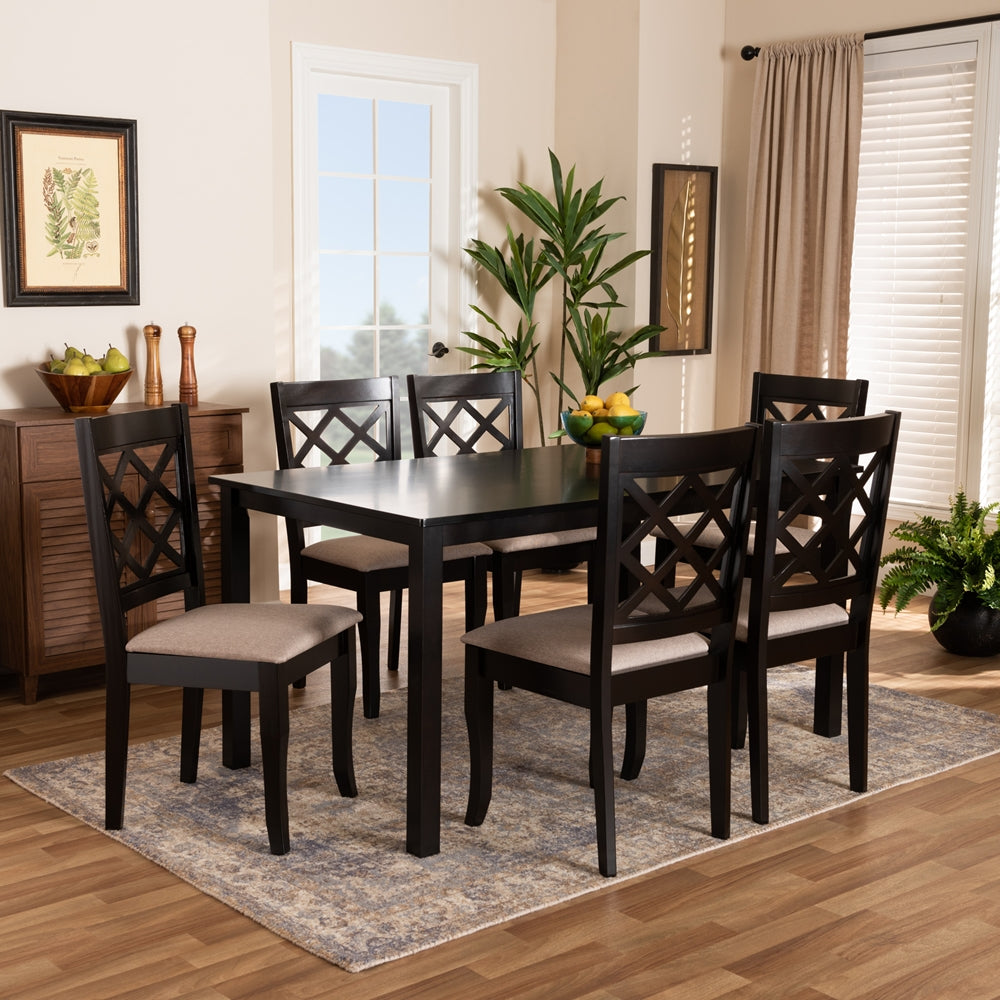 Baxton Studio Verner Modern And Contemporary Sand Fabric Upholstered Dark Brown Finished 7-Piece Wood Dining Set