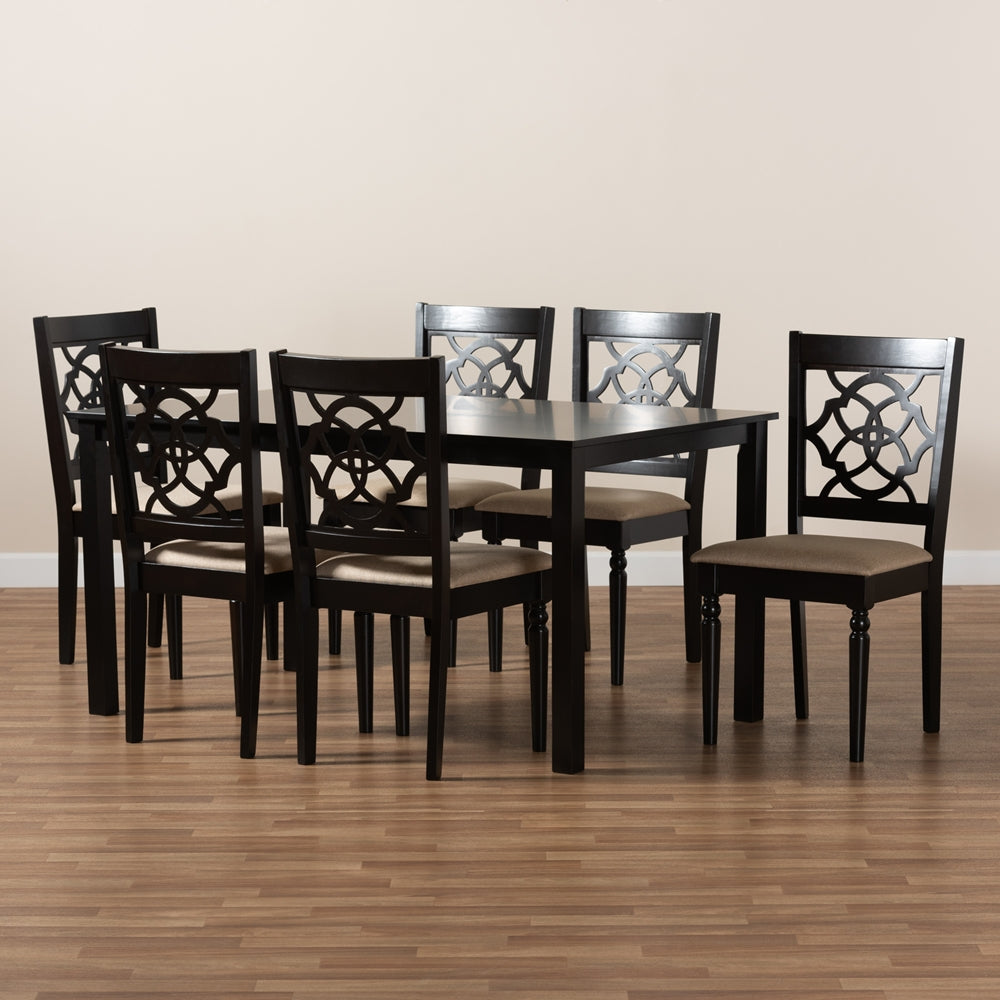 Baxton Studio Renaud Modern And Contemporary Sand Fabric Upholstered And Dark Brown Finished Wood 7-Piece Dining Set